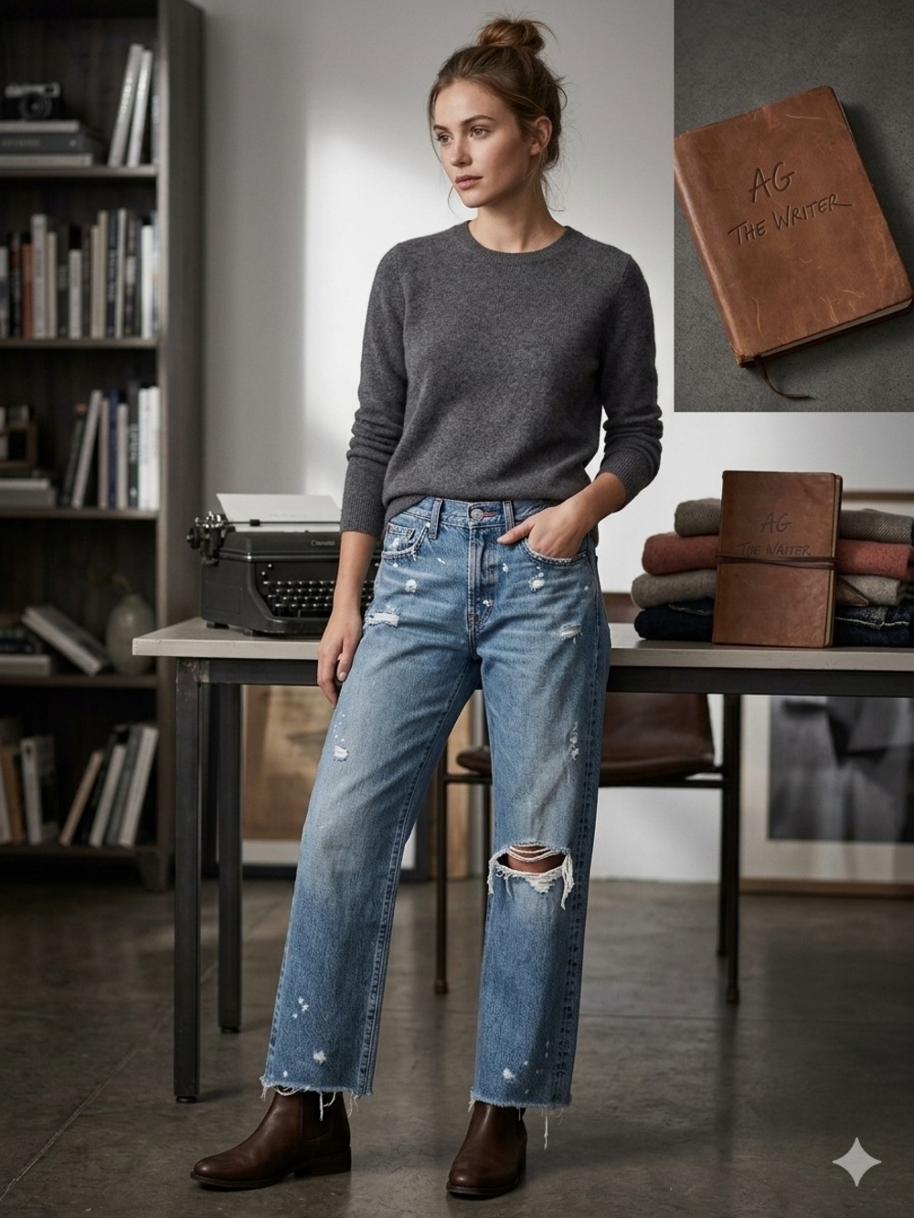 Ag Adriano Goldschmied Distressed Boyfriend Jeans in Medium Blue
